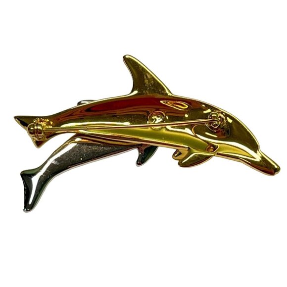Swarovski Double Dolphin Brooch Gold Tone Crystal Rhinestones Beach Nautical - Picture 2 of 9